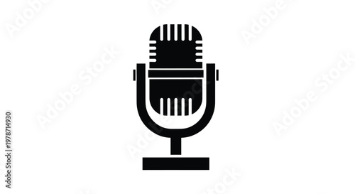 A simple black silhouette of a vintage style microphone on a plain white background