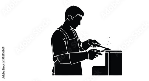Black silhouette of a man working with a soldering iron on a piece of metal