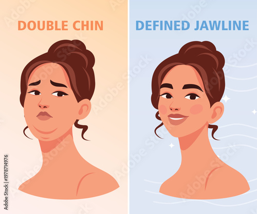 Vector illustration, double chin before, after. Woman with double chin, another portrait woman with beautiful chin smooth outlines. For advertising skin care products, cosmetics, beauty products