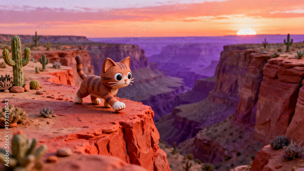 Naklejka premium Cute cartoon fox exploring grand canyon at golden hour sunset landscape