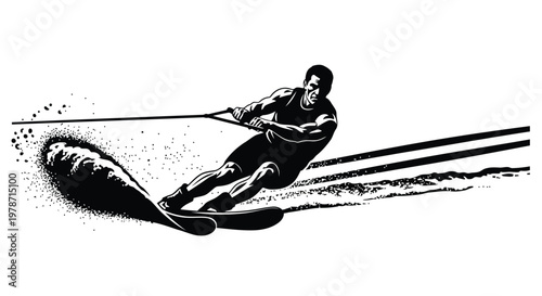 Black and white illustration of a man water skiing on a lake