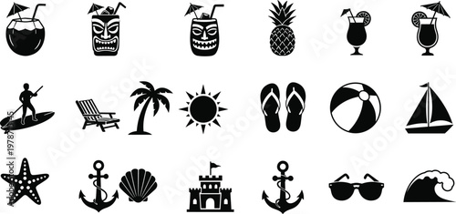 Summer, beach, vacation, icons, set, featuring, cocktails, tiki, pineapple, palm, tree, sun, flip-flops, surfboard, boat, anchors, sunglasses, sandcastle, vector, design, silhouettes, collection,