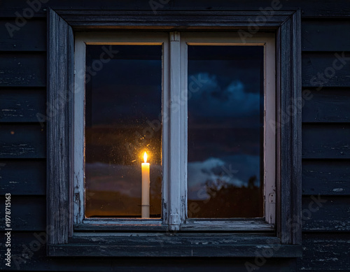 Glimpse of serenity candlelit glow inside a vintage window rustic setting cinematic perspective