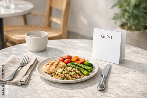 Plate of grilled chicken with vegetables and card labeled GLP-1 on marble table