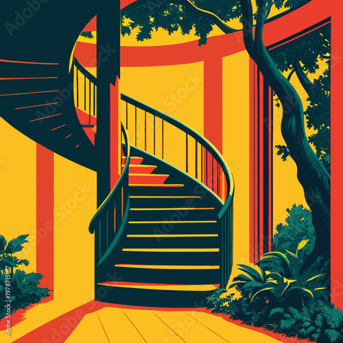 A spiral staircase made of dark wood winding around a giant sequoia tree, boho-chic interior photography. 1