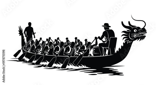 Black silhouette of a dragon boat with rowers and a drummer