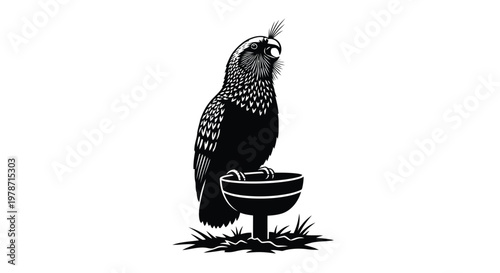 A black and white illustration of a bird standing on a pedestal bowl outdoors