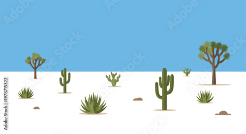 A flat vector desert landscape features diverse cacti and succulents scattered across a sandy ground under a bright blue sky in a minimalist illustration.