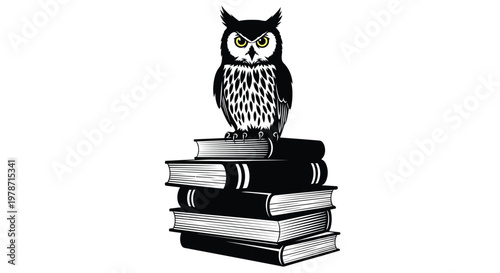 A black and white illustration of an owl sitting on a stack of books