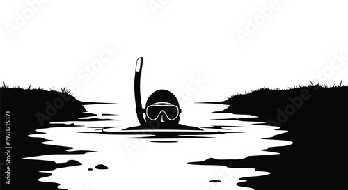 Black silhouette of a person snorkeling in a body of water with grassy banks on either side