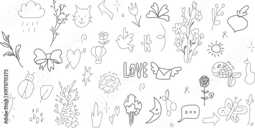  flash sheet containing a variety of small, hand-drawn doodle elements commonly used for tattoo designs or illustrations. 