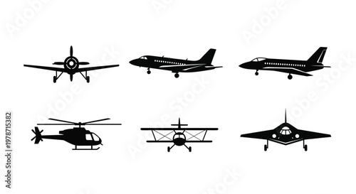 A collection of six black silhouette aircraft including planes helicopters and a biplane