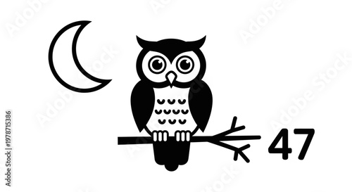 Black owl sitting on branch with moon.