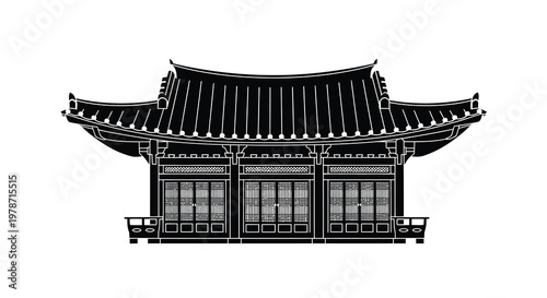 A striking black silhouette of a traditional korean temple roof