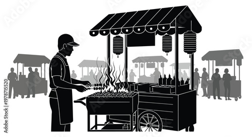 Black silhouette of a man grilling food at an outdoor street food cart with people in the background