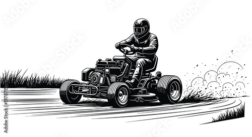 Man riding lawn mower on a dirt road with grass and a helmet