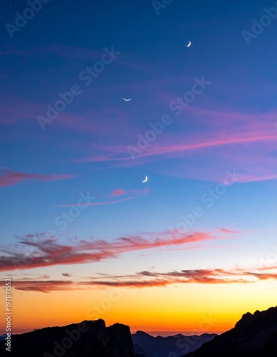 Stunning photo captures three crescent moons against a colorful sky. Silhouetted mountains frame the sunrise and its beautiful hues