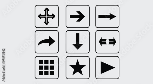 A grid displaying nine black symbols within white square frames against a light gray background