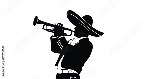 Black silhouette of a mariachi musician playing a trumpet with a large hat