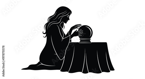 Vector silhouette of a woman looking into a crystal ball on a table