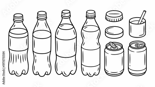 Vector illustration set of soda bottled drinks and packaging focus: plastic bottles, glass soda bottles, aluminum cans, tin drink cans, bottle caps, straws, labels, and sealed lids. Clean minimal line