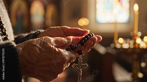 Old hands clutching rosary beads with soft bokeh church background
