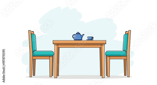 A simply set dining table features two chairs a teapot and a single teacup suggesting an intimate setting