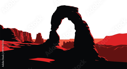 Vibrant red and black illustration of famous utah natural sandstone arch in desert landscape with cliffs