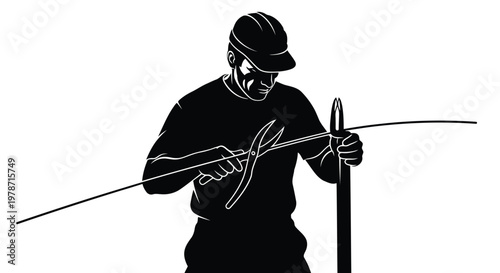A black silhouette of a man cutting wire with bolt cutters and a post