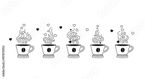 Cute coffee cup collection with romantic heart steam and coffee bean symbols for morning breakfast cafe shop decoration and valentine day drink graphic design