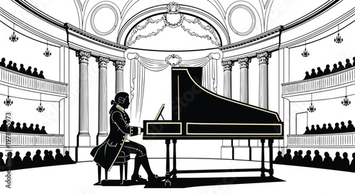 A man in a classical outfit playing a grand piano in a concert hall with a