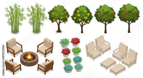 Top view garden landscape design bamboo fruit trees succulents fire pit furniture outdoor illustration photo
