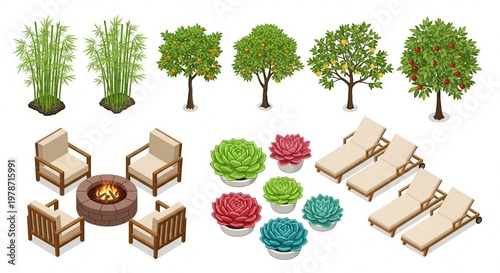 Top view garden landscape design bamboo fruit trees succulents fire pit lounge chairs outdoor illustration photo