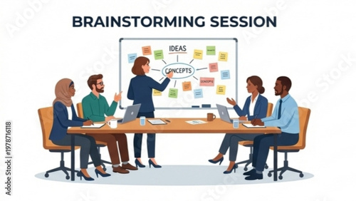 Diverse team collaborates during a brainstorming session, discussing ideas and concepts on a whiteboard