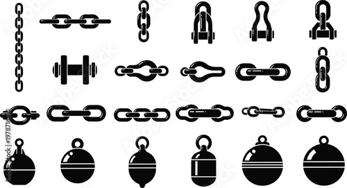 Set, of, black, silhouette, icons, featuring, chains, links, shackles, anchors, and, maritime, hardware, elements, isolated, on, white, background, for, industrial, marine, design.