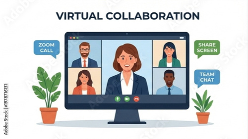 Diverse team engaging in a virtual meeting, discussing projects and ideas remotely