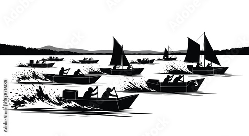 Black and white illustration of boats on a lake with mountains in the background