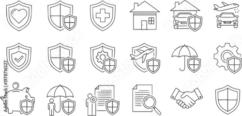 Complete Insurance and Safety Protection Line Art Icon Set