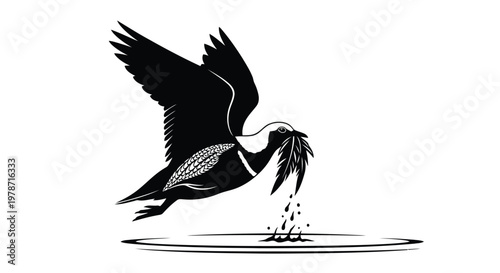 Black silhouette bird in flight with water splashing
