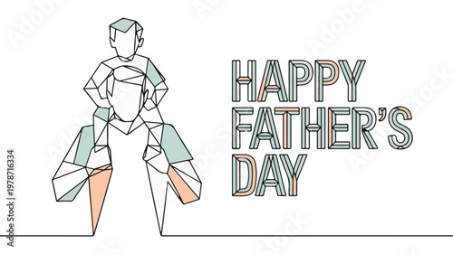 Father and Child piggyback ride illustration for Happy Fathers Day greeting card, geometric line art style