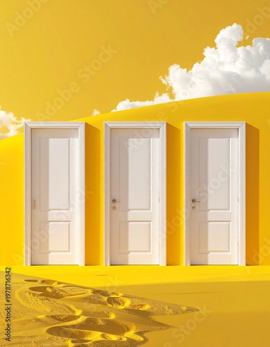 Three pristine white doors on a bright yellow backdrop with sandy textures, foot prints and fluffy clouds