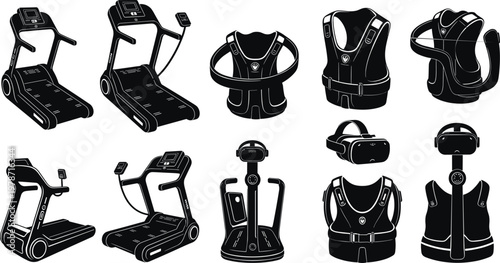 Set of virtual reality fitness icons, treadmill silhouettes, haptic vests, and VR headsets, black futuristic gym equipment tools isolated on white background.