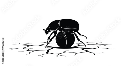 A black silhouette of a beetle pushing a ball on cracked dry earth