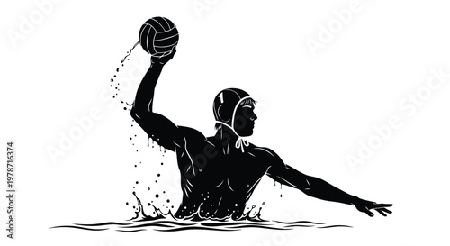 Black silhouette of a water polo player throwing a ball
