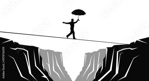 Man balancing on a tightrope with an umbrella over a deep chasm