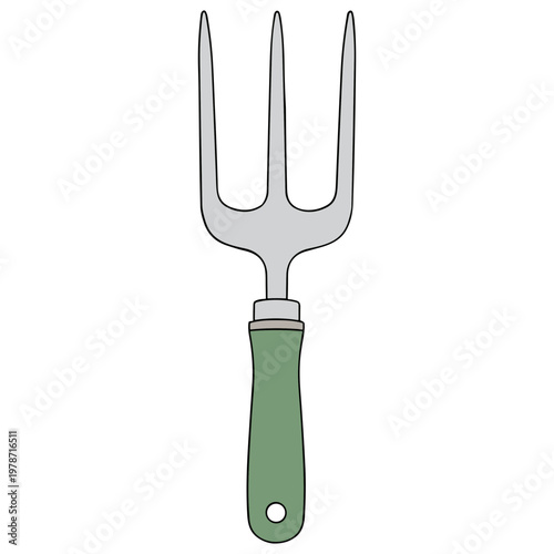 A green-handled garden fork with three prongs is shown upright on a plain background.