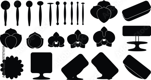 Set of makeup icons, beauty cosmetic silhouettes with brushes, mirrors, lipsticks, and jars, black grooming tool elements isolated on a dark black background.