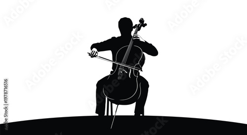 Silhouette of a person playing a cello on a stage with a bow