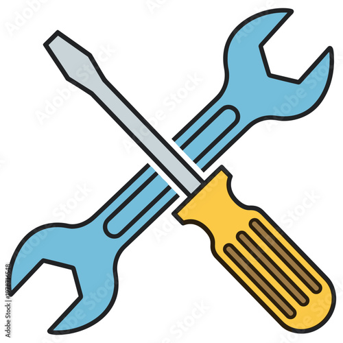 A crossed blue wrench and yellow screwdriver lie on a surface.