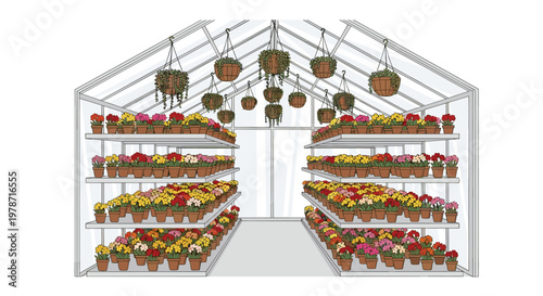 Detailed greenhouse interior illustration displays multiple tiers of vibrant colorful potted flowers and hanging baskets on metal shelves in bright light.